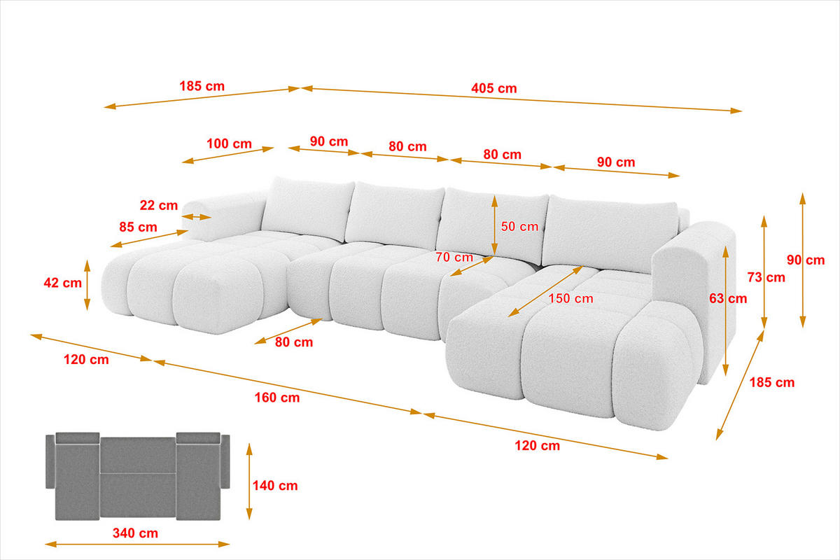 WOHNLANDSCHAFT CLOUD-U 405x185x90 Weiß Bouclé - Weiß, Holzwerkstoff/Kunststoff (405/90/185cm) - ALTDECOR