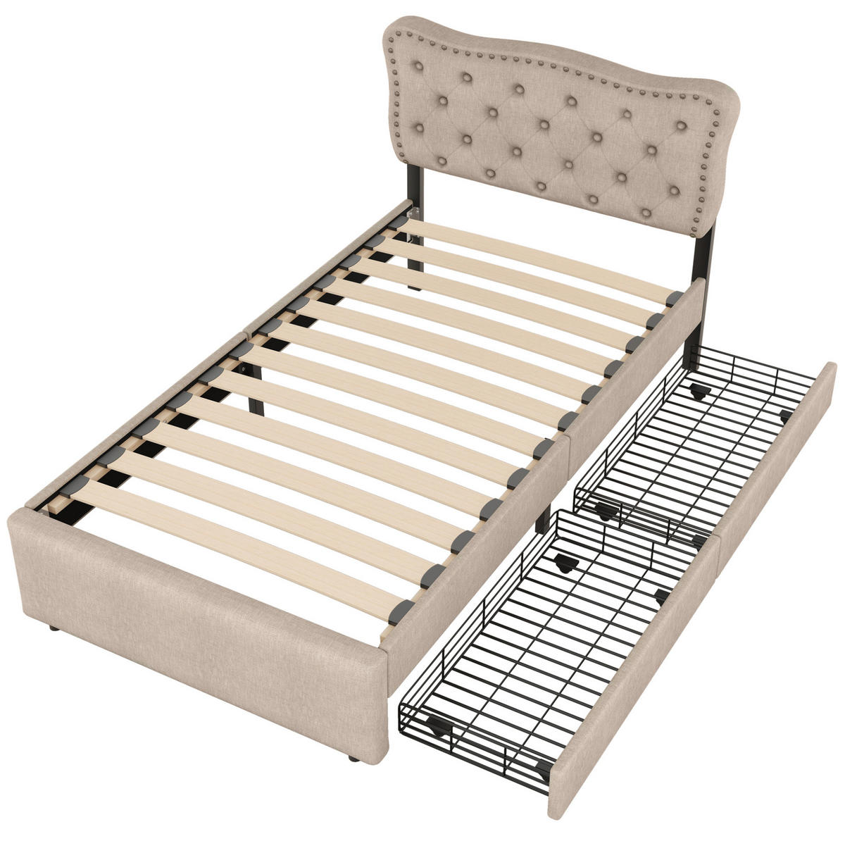 POLSTERBETT aus MDF und Leinen 90x200 cm in Dunkelbeige mit 2 Schubladen - Beige, Textil (90/200cm) - Modfu