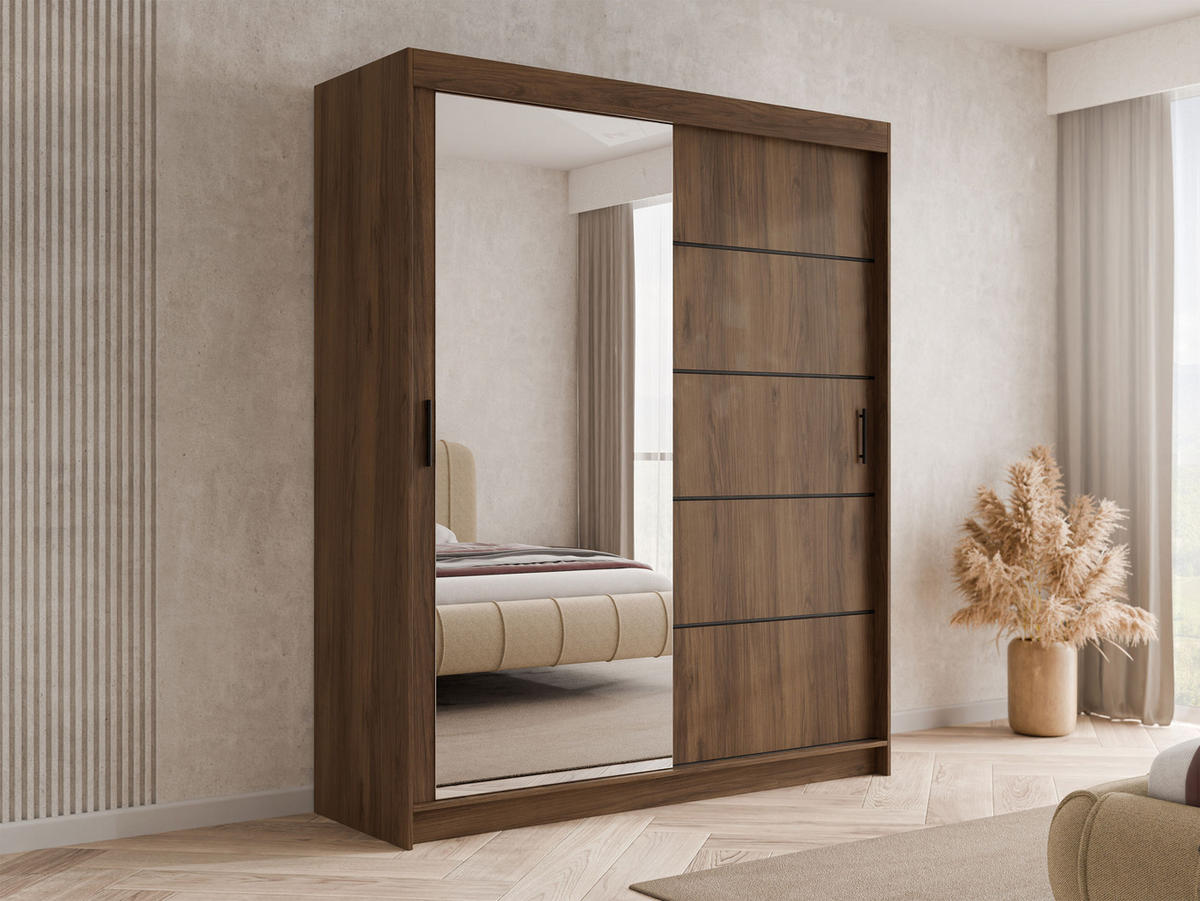 SCHIEBETÜRENSCHRANK Infinity III 180 - Nussbaumfarben/Schwarz, Holzwerkstoff/Kunststoff (180/200/58cm) - MIRJAN24