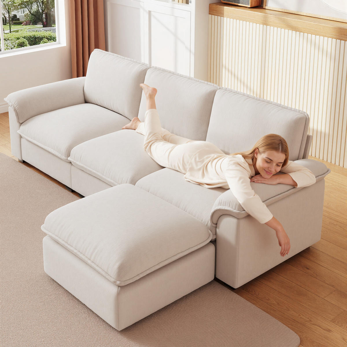 ECKSOFA 260/154/86 cm Beige mit Ottomane und Armlehnen - Beige, Textil (260/154cm) - Oxeza