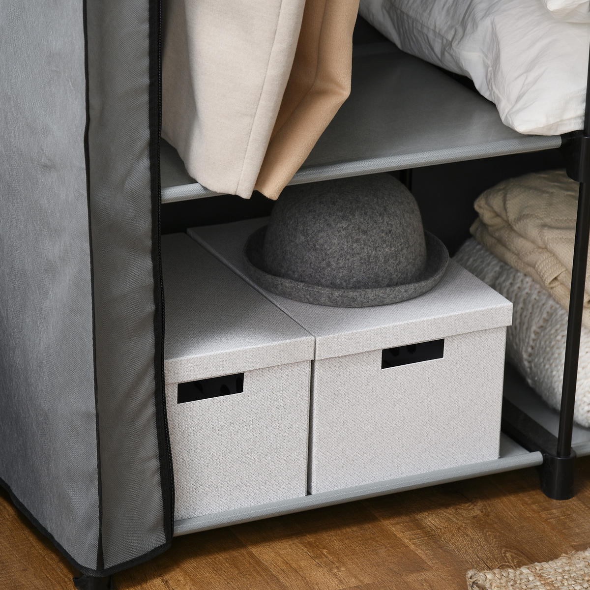 STOFFSCHRANK mit 4 Regalen und 2 Kleiderstangen, praktische Aufbewahrungslösung für Kleidung, Grau - Hellgrau, Metall (118/170/49cm)