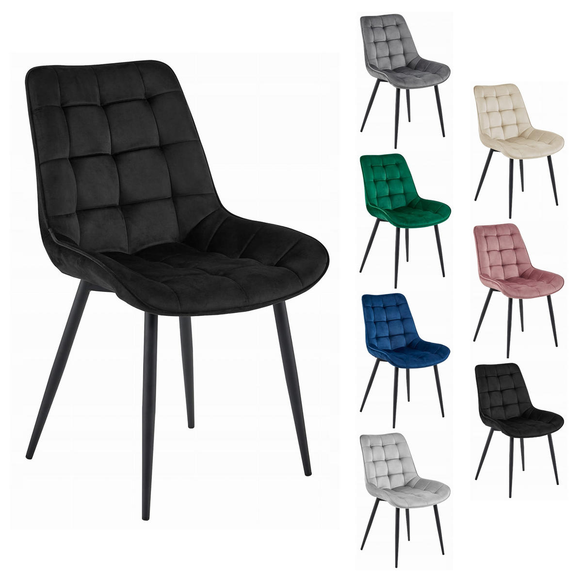 STUHL BARDI 4-er Set, Schwarz, Schwarz, mit Samtstoff gepolstert - Hellgrau, Textil/Metall (45/89/53cm) - Komodee