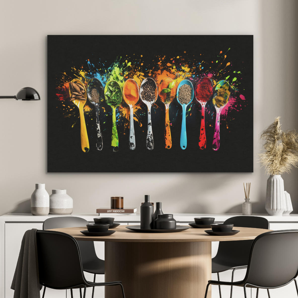 AKUSTIKBILD Löffel - Gewürze - Modern - Graffiti - Farbe - Farbenfroh Wandbild Wohnzimmer 100x70 cm - Multicolor, Textil (100/70/0.9cm) - MuchoWow