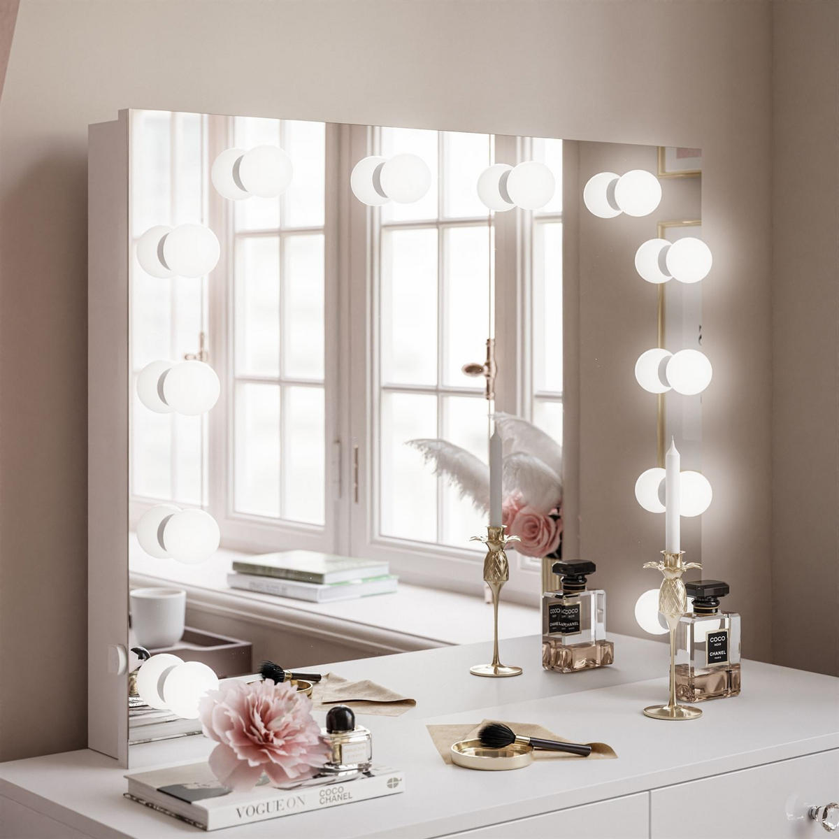 SCHMINKTISCH BLANCO ELITE mit Spiegel und Beleuchtung Gold Chrom Weiß Hochglanz Kristallgriff - Weiß Hochglanz/Transparent, Holzwerkstoff (100/146/42cm) - Lookway