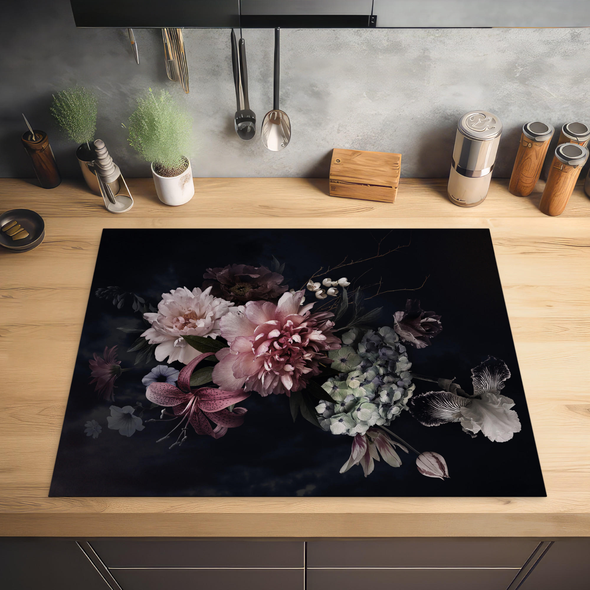 HERDABDECKPLATTE Blumen - Vintage - Pastell - Rosa - Weiß 77x59 cm - Altrosa, Kunststoff (77/0.2/59cm) - MuchoWow
