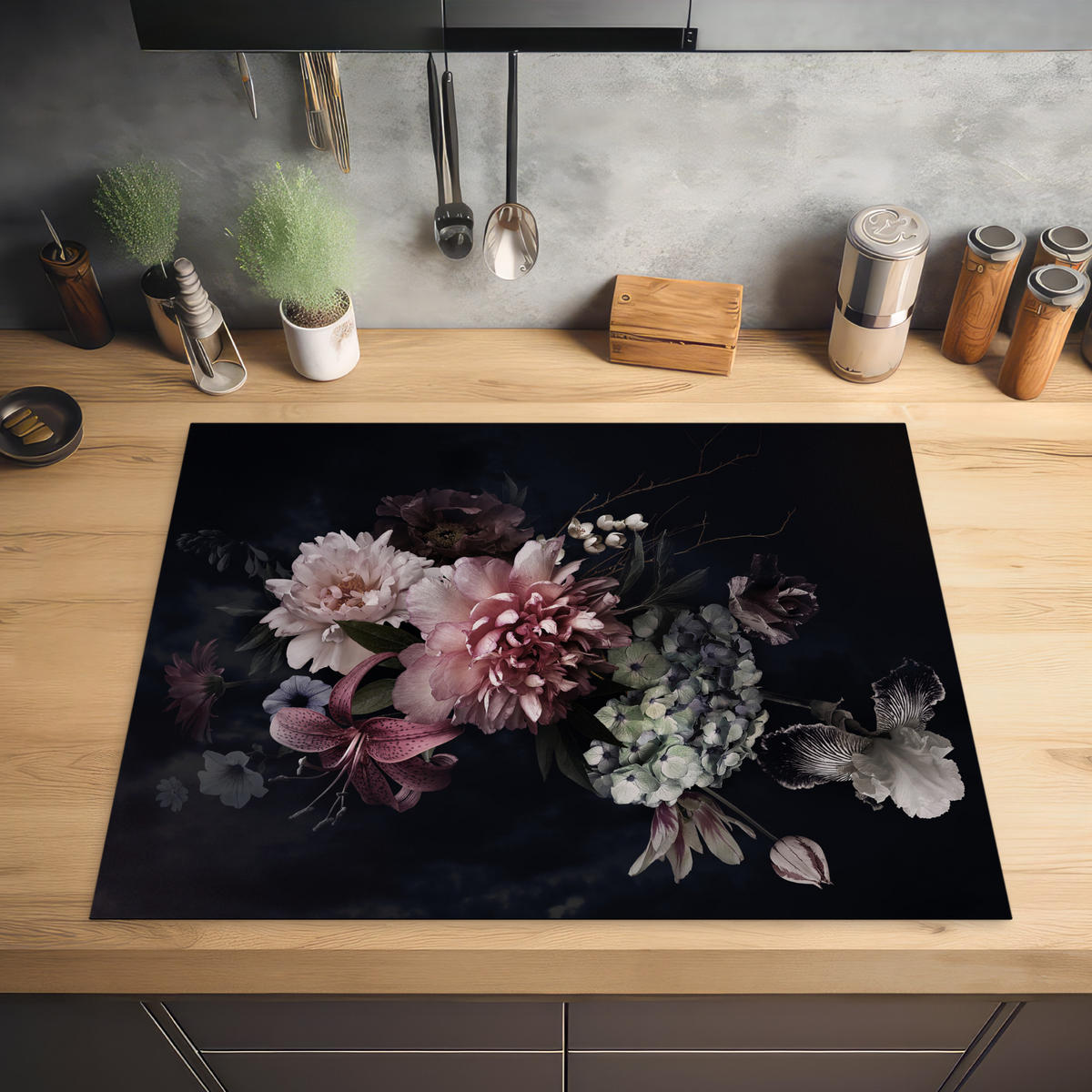 HERDABDECKPLATTE Blumen - Vintage - Pastell - Rosa - Weiß 77x59 cm - Altrosa, Kunststoff (77/0.2/59cm) - MuchoWow