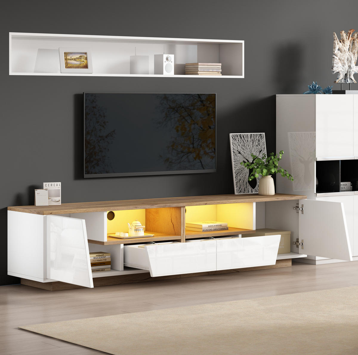 TV-LOWBOARD aus Spanplatte 180x40x46 cm Weiß/Naturholz mit LED-Beleuchtung und Stauraum - Weiß, Holzwerkstoff (180/46/40cm) - IVMEU
