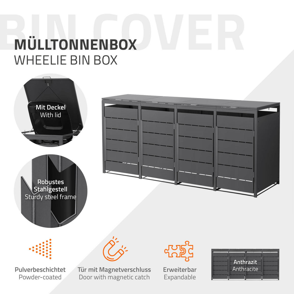 MÜLLTONNENBOX 4er 240L 260x80x120 cm Anthrazit aus Stahl wetterfest - Anthrazit, Metall (80/120/260cm) - ML-DESIGN