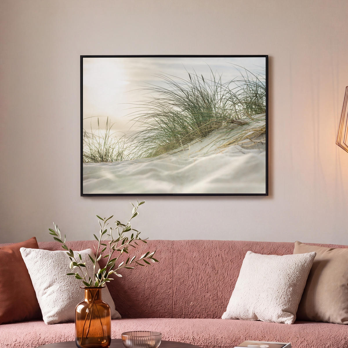 LEINWAND Bilder mit Rahmen - Dünen mit Strandhafer in der Sonne des Nationalparks Schleswig-Holsteinisches Wattenmeer - 70x50 - Creme, Textil (70/50cm) - MuchoWow