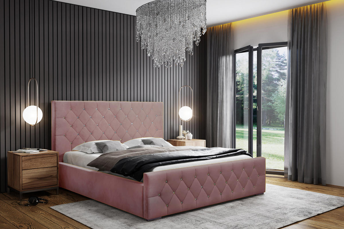 POLSTERBETT Langlebiges Polsterbett Mona I, modernes Design, geräumiger Bettkasten, pflegeleichter Stoff 140x200 cm, rosa - Schwarz/Rosa, Holzwerkstoff/Kunststoff (140/200cm) - DomoHome