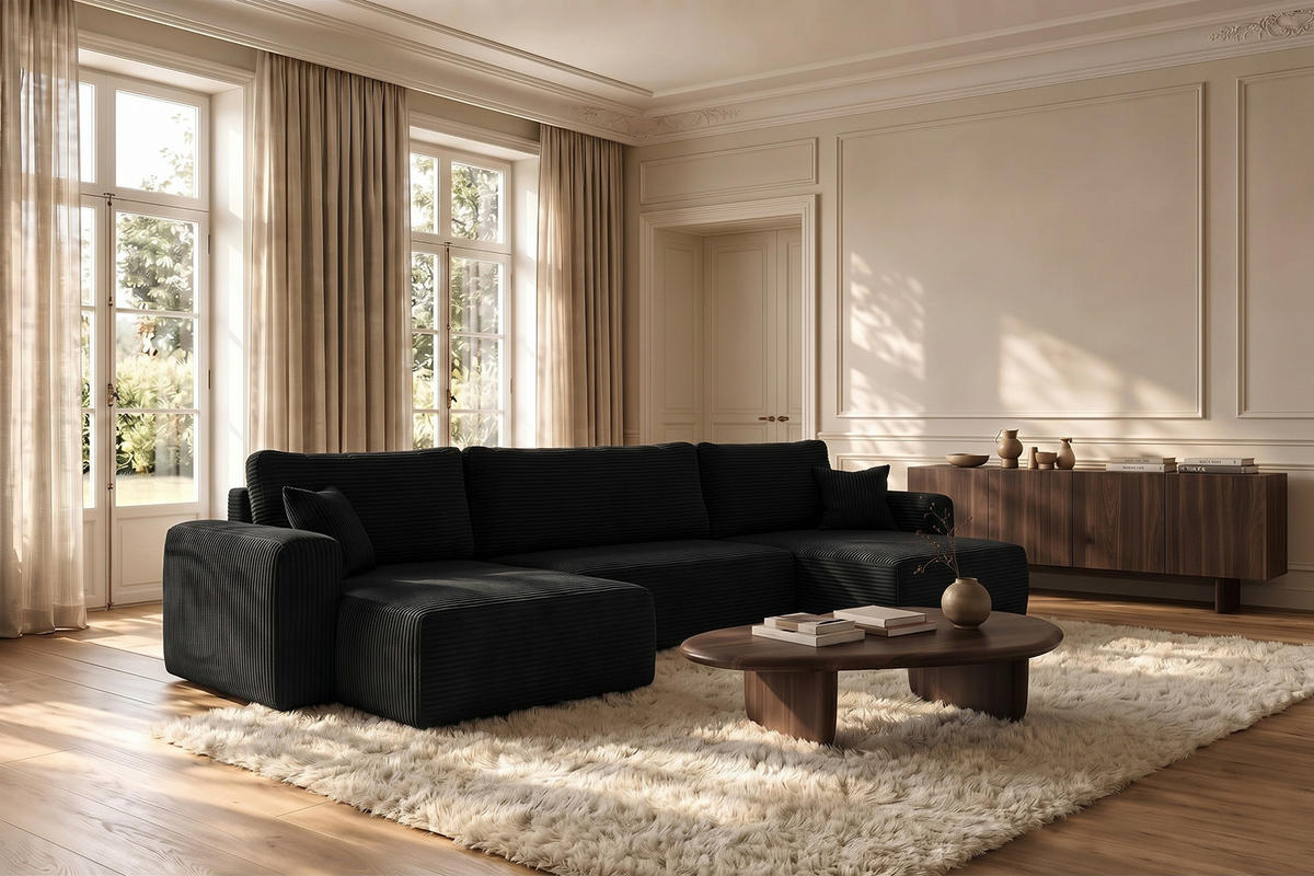 ECKSOFA Mit Schlaffunktion Und Bettkasten U-form CAPRI Poso Schwarz - Schwarz, Holz/Textil (145/362cm) - Kaiser Möbel