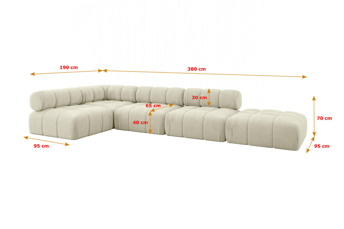 ECKSOFA modulares Sofa Favio-L2 - 380x190x70 cm Beige Velours - Beige, Holzwerkstoff/Textil (380/190cm) - ALTDECOR