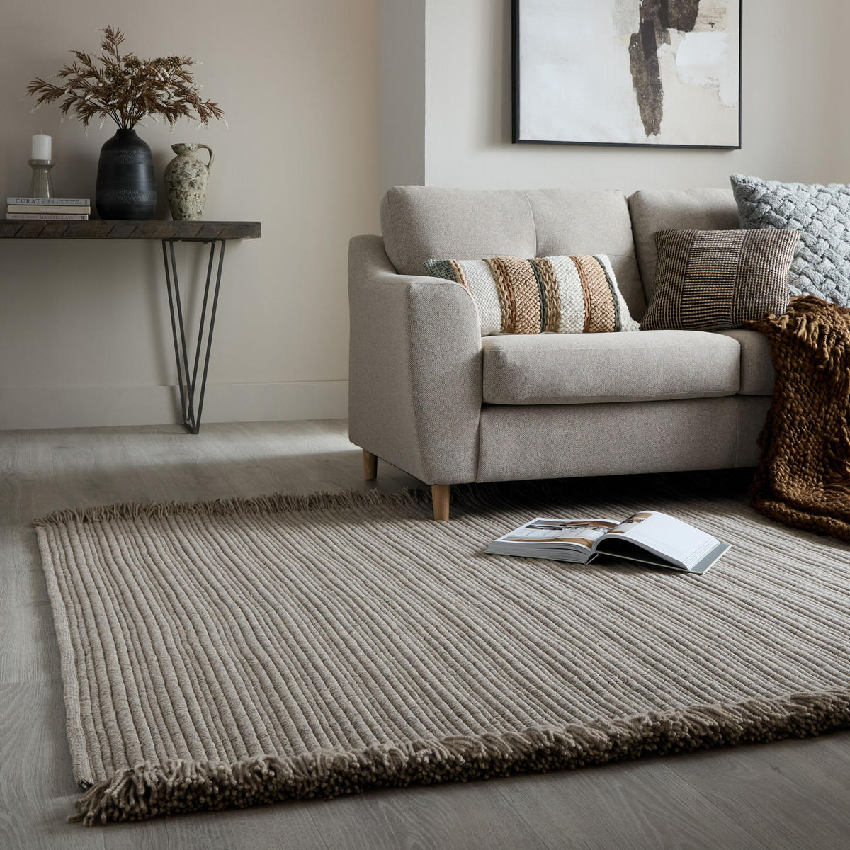WOLLTEPPICH handgewebt mit Fransen BOYNE, im Landhaus-Stil, Grau, 160 x 230 cm - Grau, Textil (160/230cm) - KADIMA DESIGN