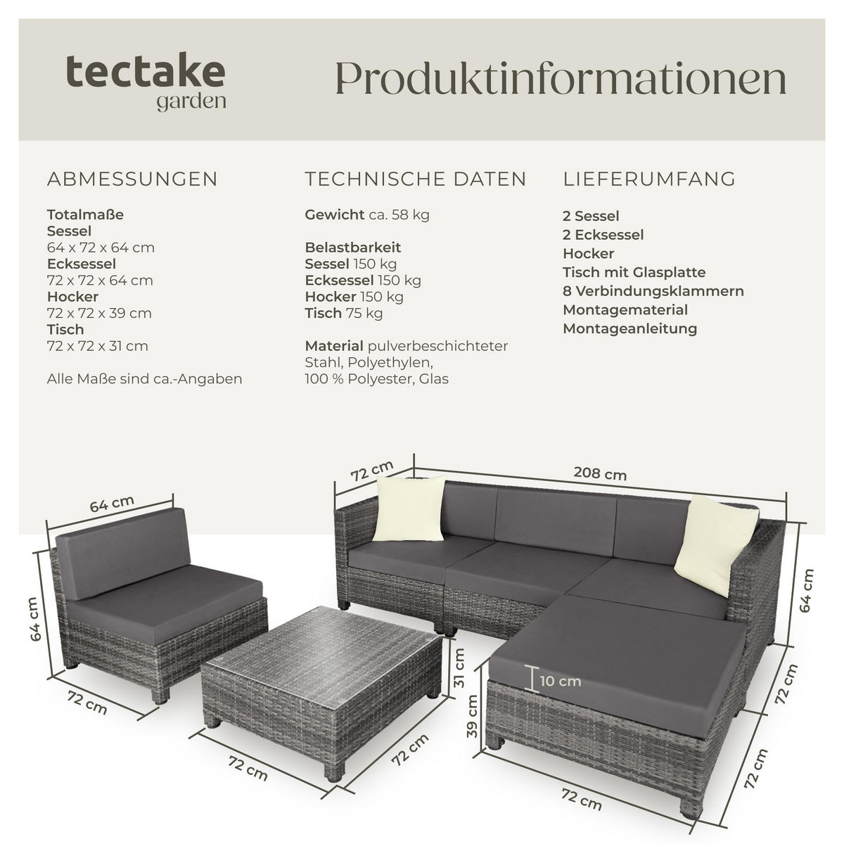 RATTANLOUNGE , mit Sicherheitsglasplatte, grau - Grau, Kunststoff - tectake