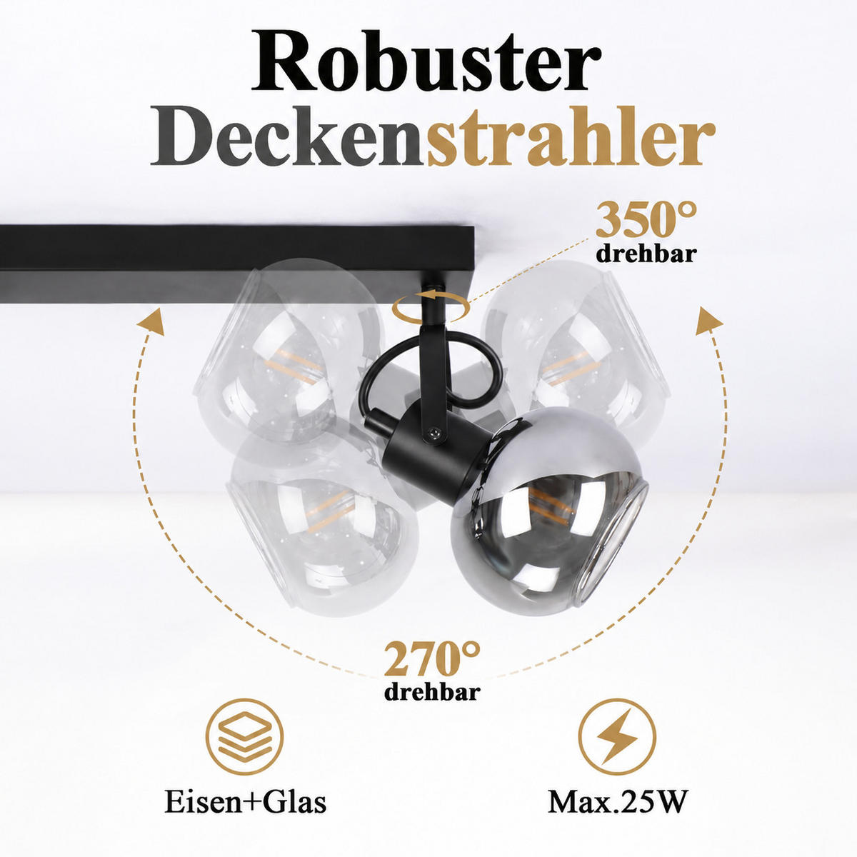 DECKENSTRAHLER Myvric 24/11/17 cm - Schwarz, Glas/Metall (24/11/17cm) - ZMH