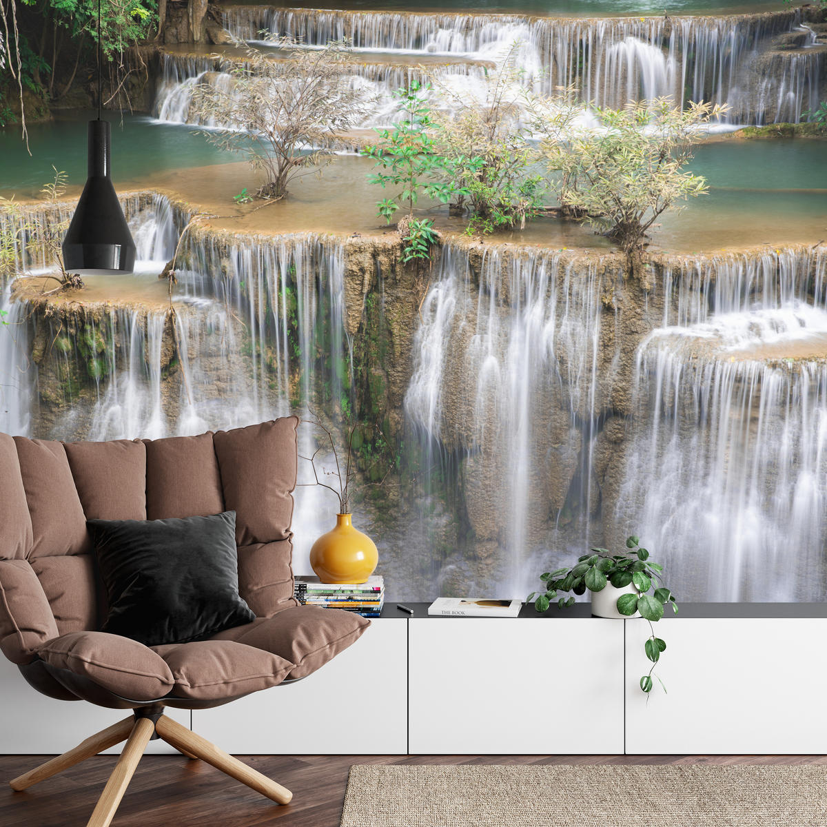 FOTOTAPETE für Wohnzimmer Wasserfall Panorama Pflanzen Natur 400x280 - Blau/Beige, Papier (400/280cm) - Muralo