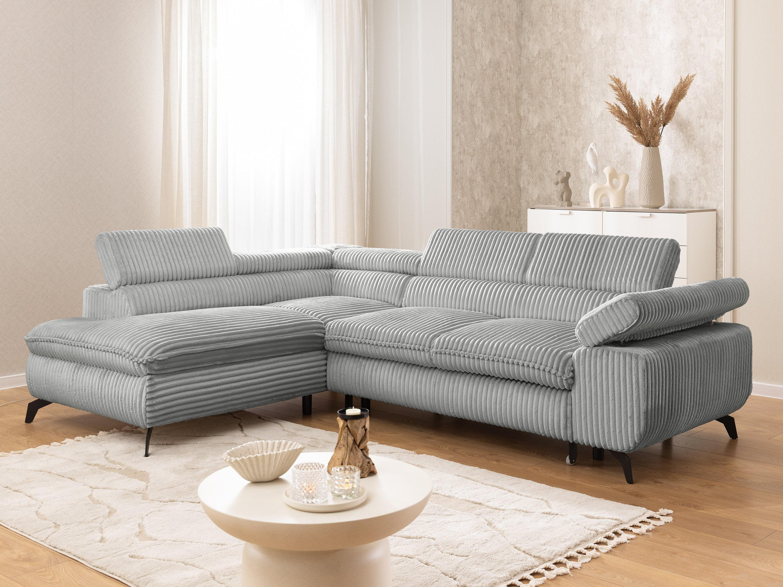 ECKSOFA mit Schlaffunktion und Bettkasten Bonnie aus Hellgrau Cord-Stoff mit verstellbaren Kopfstützen und Armlehne - Ottomane links - Hellgrau/Schwarz, Holz/Textil (275/210cm) - S-Style Möbel