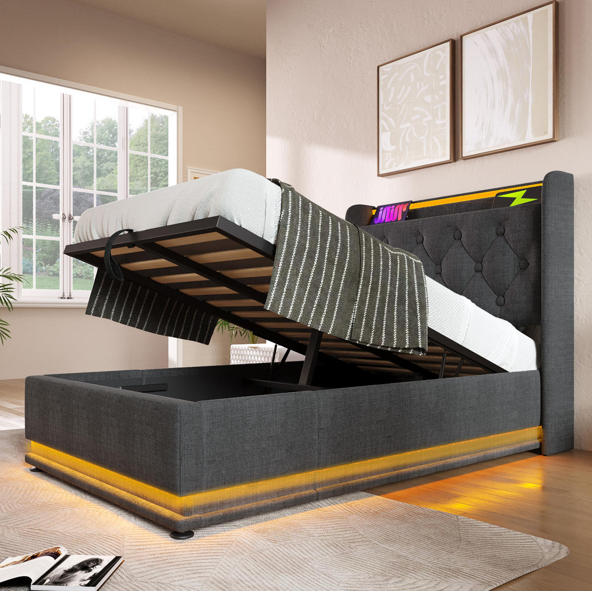POLSTERBETT aus Leinen 90x200 cm Grau mit LED-Beleuchtung, USB-C, Bettkasten und Matratze - Grau, Textil (90/200cm) - IVMEU
