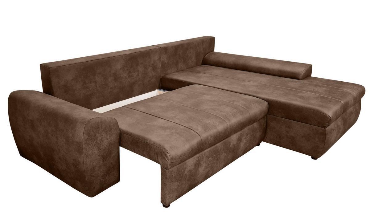 ECKSOFA mit Schlaffunktion, Bettkasten, Wellenunterfederung, Ottomane rechts B266/T186/H90 cm, Mikrofaser Leder-Optik Vintage Braun / 18011 - Schwarz/Braun, Kunststoff/Textil (266/186cm) - luma-home
