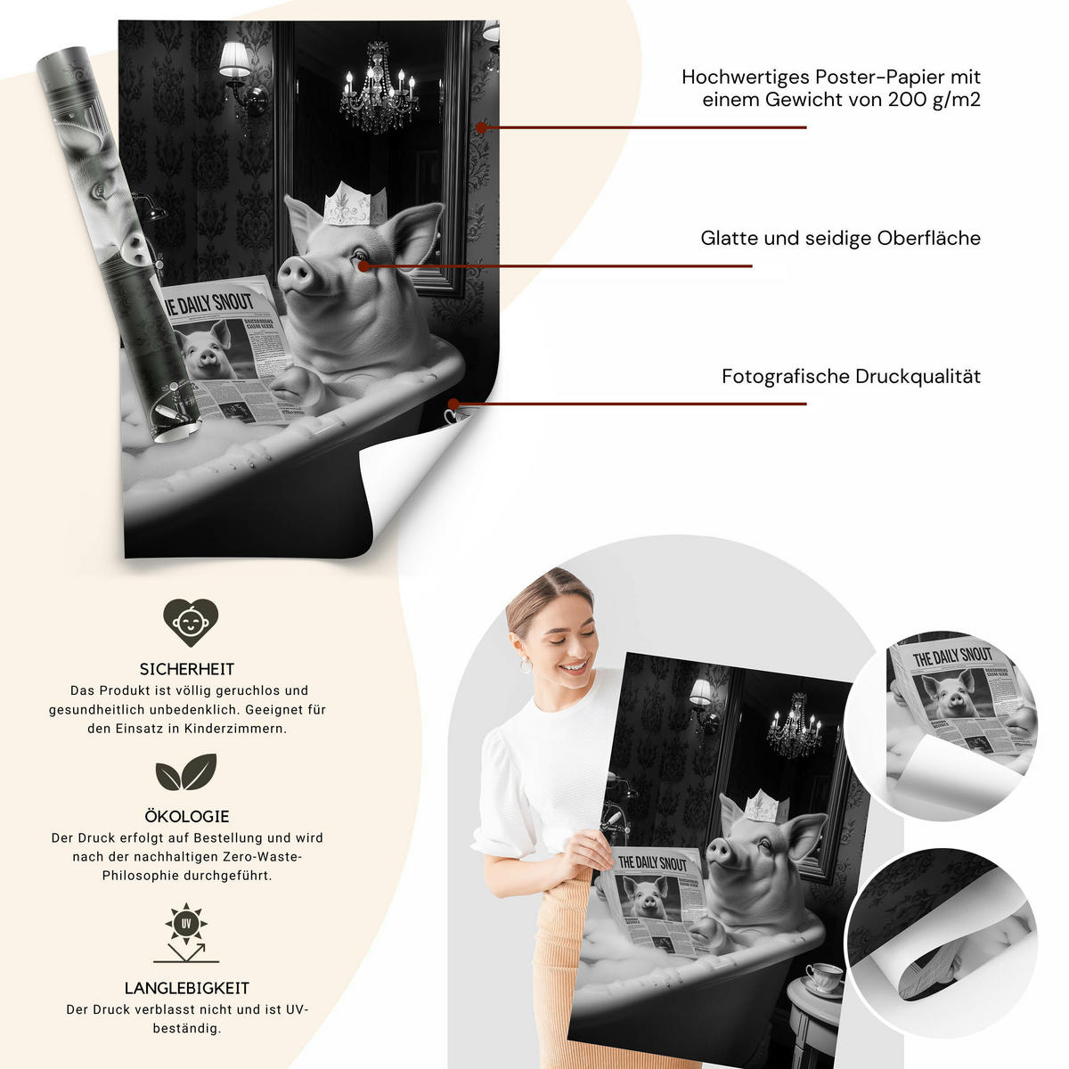 POSTER für Badezimmer WC SCHWEIN in Badewanne Zeitung Abstraktion 30x40cm - Schwarz/Weiß, Papier (30/40/1cm) - Muralo