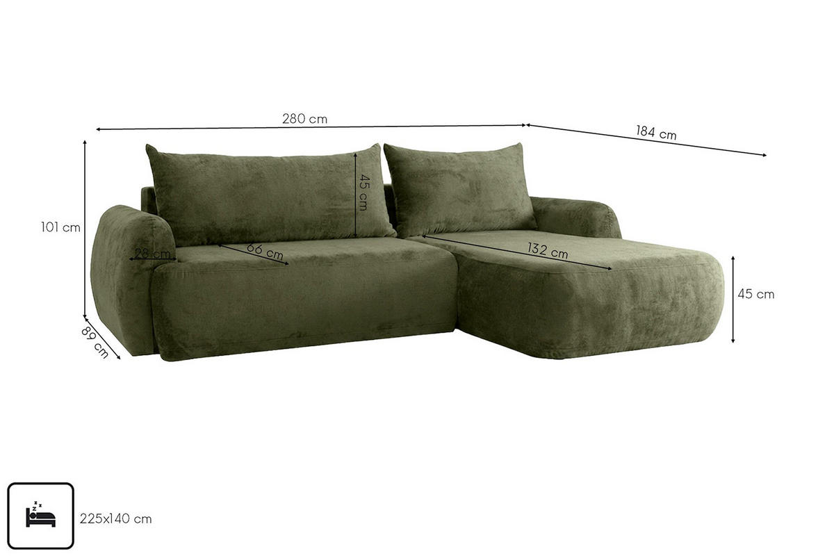ECKSOFA Mit Schlaffunktion Und Bettkasten, Chenille-Stoff Perfecto, Grün, Rechts, HELA II - Grün, Holz (280/184cm) - Kaiser Möbel