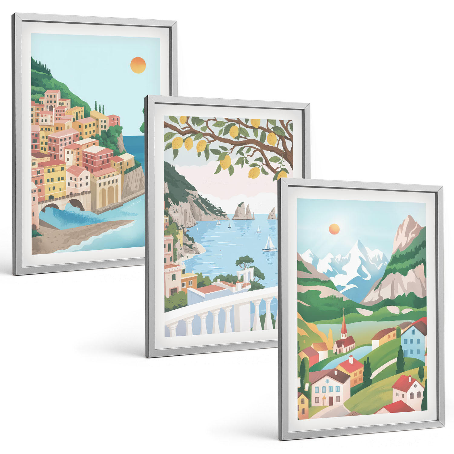 BILDER SET 3er Set - 40x60 cm Silberner Rahmen - Pastellfarbene Küstenansichten - Silberfarben, Kunststoff (40/60cm) - TULUP