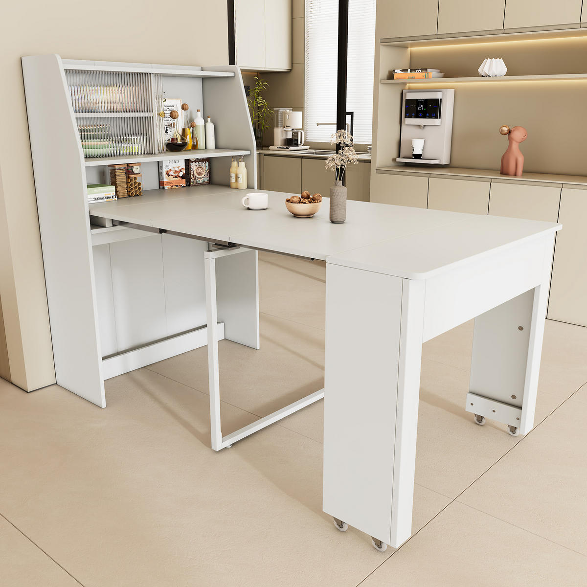 AUSZIEHTISCH 52-132,5/80/76 cm in Weiß – mit Stauraum und Glasfach - Weiß, Holzwerkstoff (80/52/76cm) - BEAOK