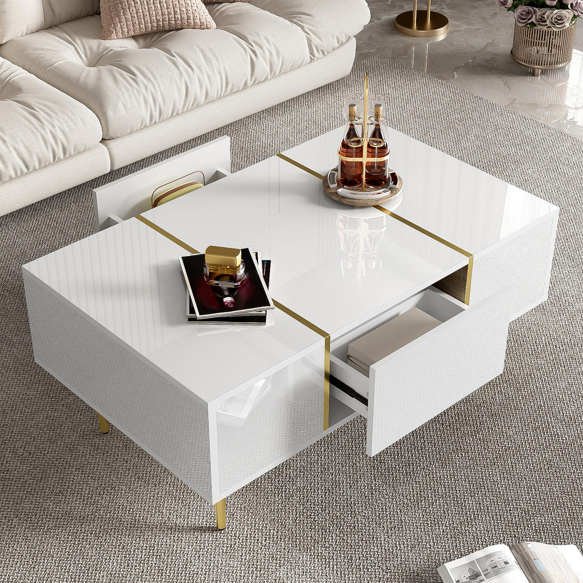 COUCHTISCH Hochglanz weiß 2 Schubladen - Weiß, Holz (60/100/41.5cm) - Fortuna Lai