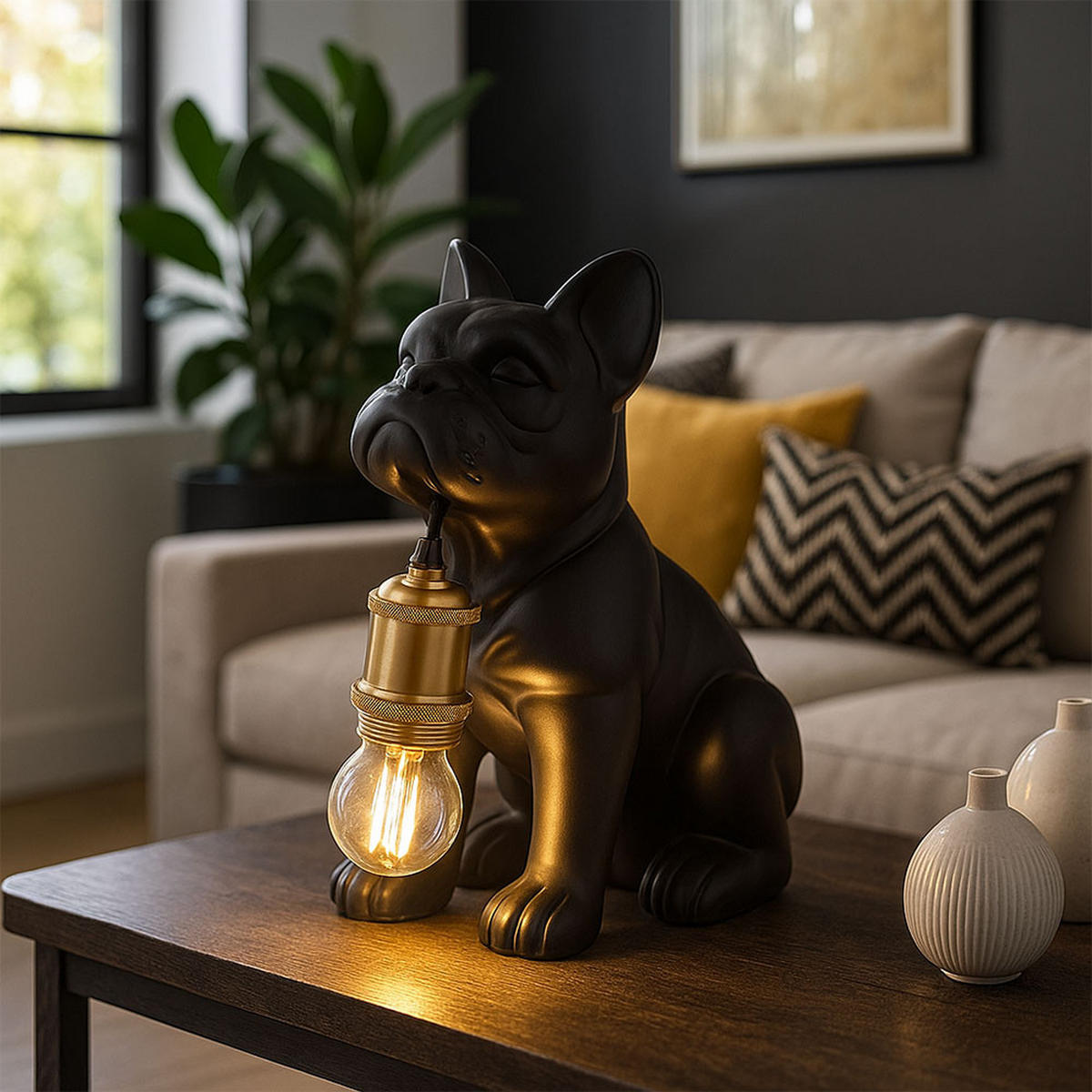 TISCHLEUCHTE Keramik Metall Schwarz Hundedesign - Schwarz, Metall (19.5/12.5/24cm) - Globo Lighting