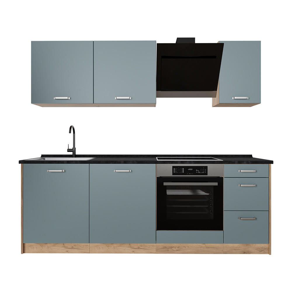 KÜCHENZEILE R-Line, Blau-Grau/Goldkraft Eiche, 220 cm Arbeitsplatte Anthrazit - Honigeiche/Blaugrau, Holzwerkstoff (220/81.6/60cm) - Vicco