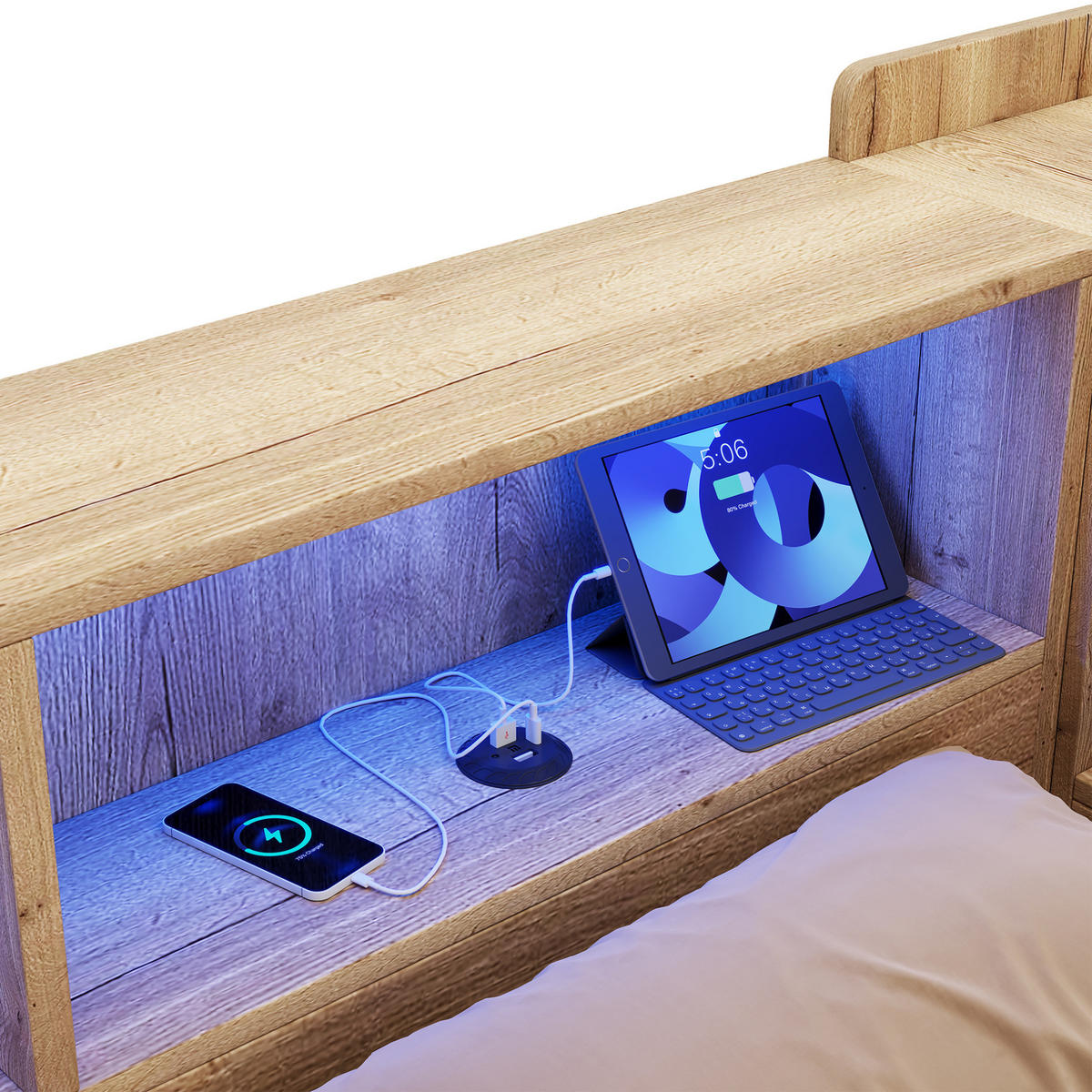 KINDERBETT 140/200 cm mit LED-Beleuchtung, USB- und Type-C-Anschluss, Schreibtisch und Stauraum, MDF, Natur - Naturfarben, Holzwerkstoff (140/200cm) - Redom