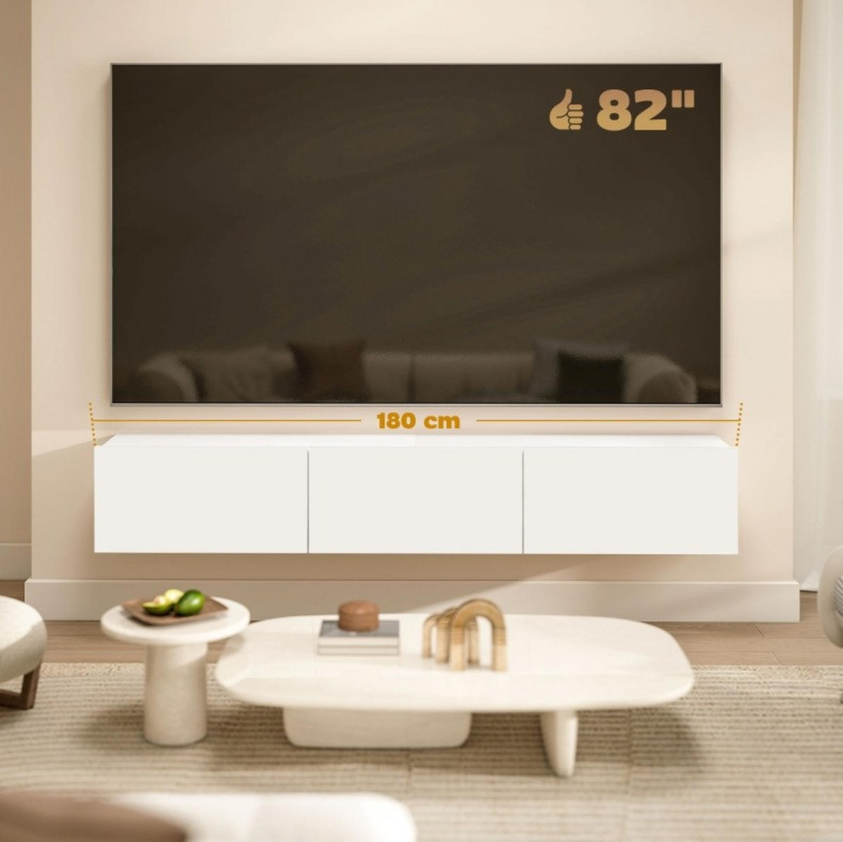 TV-SCHRANK 180/31.5/29.8 cm Weiß aus Spanplatte zur Wandmontage mit 3 Klappen - Weiß, Holzwerkstoff (180/29.8/31.5cm) - OKWISH