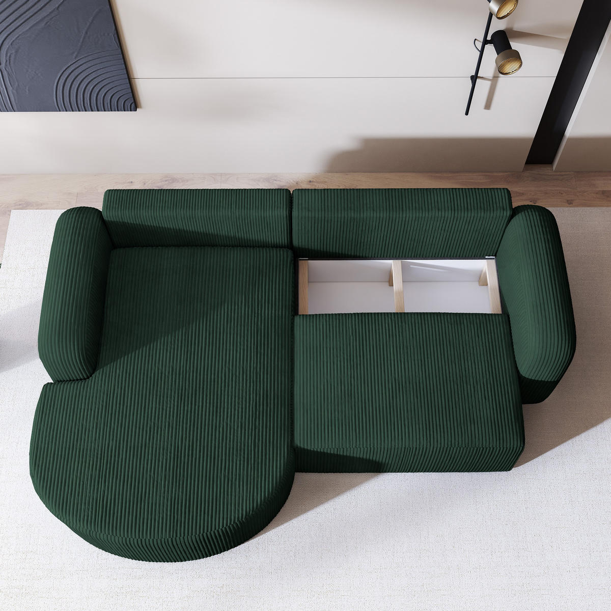 ECKSOFA AMILIA P L-S Grün Kordstoff mit Schlaffunktion - Grün, Holz (263/174cm) - MASSENO