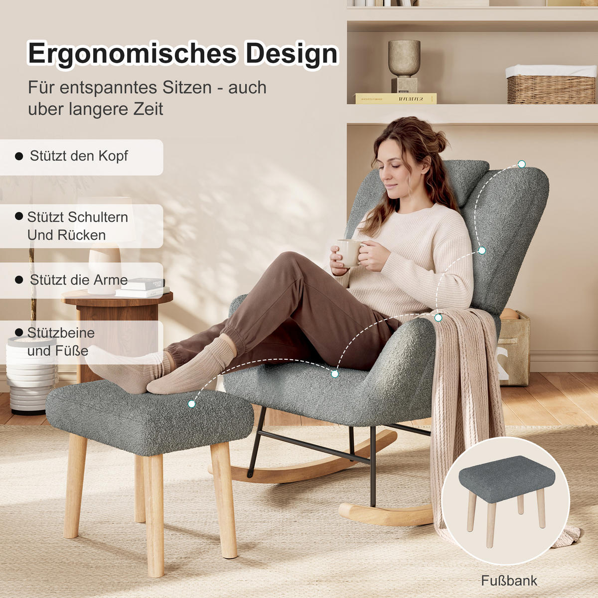 SCHAUKELSTUHL mit Hocker, Grau ,Lendenkissen, Kopfstütze, Seitentaschen und Massivholzsockel, Lammwolle Stoff-für Wohnzimmer, Schlafzimmer - Grau, Holz/Metall (75/42/93cm) - BursDany