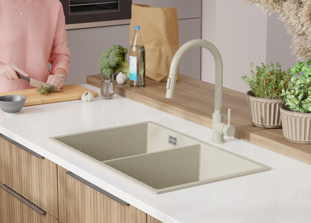 GRANITSPÜLE London Slim Twin, 2-er set Beige 76/47 cm 2 Becken + Küchenarmatur 38/14 cm + Ablauf-Set ab 80er Unterschrank - Chromfarben/Beige, Kunststoff (76/20/47cm) - Primagran