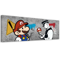 LEINWANDBILD, Banksy Mario und der Polizist 90x30cm - Grau, Textil (90/30cm) - Feeby