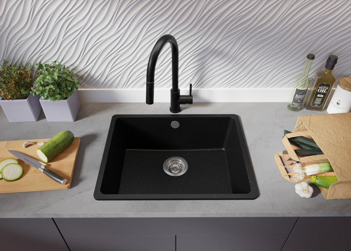 SPÜLBECKEN Venedig Slim Easy, 2-er set Schwarz Metallic 56/44 cm 1 Becken + Ablauf-Set ab 60er Unterschrank - Chromfarben/Schwarz Hochglanz, Kunststoff (56/20/44cm) - Primagran