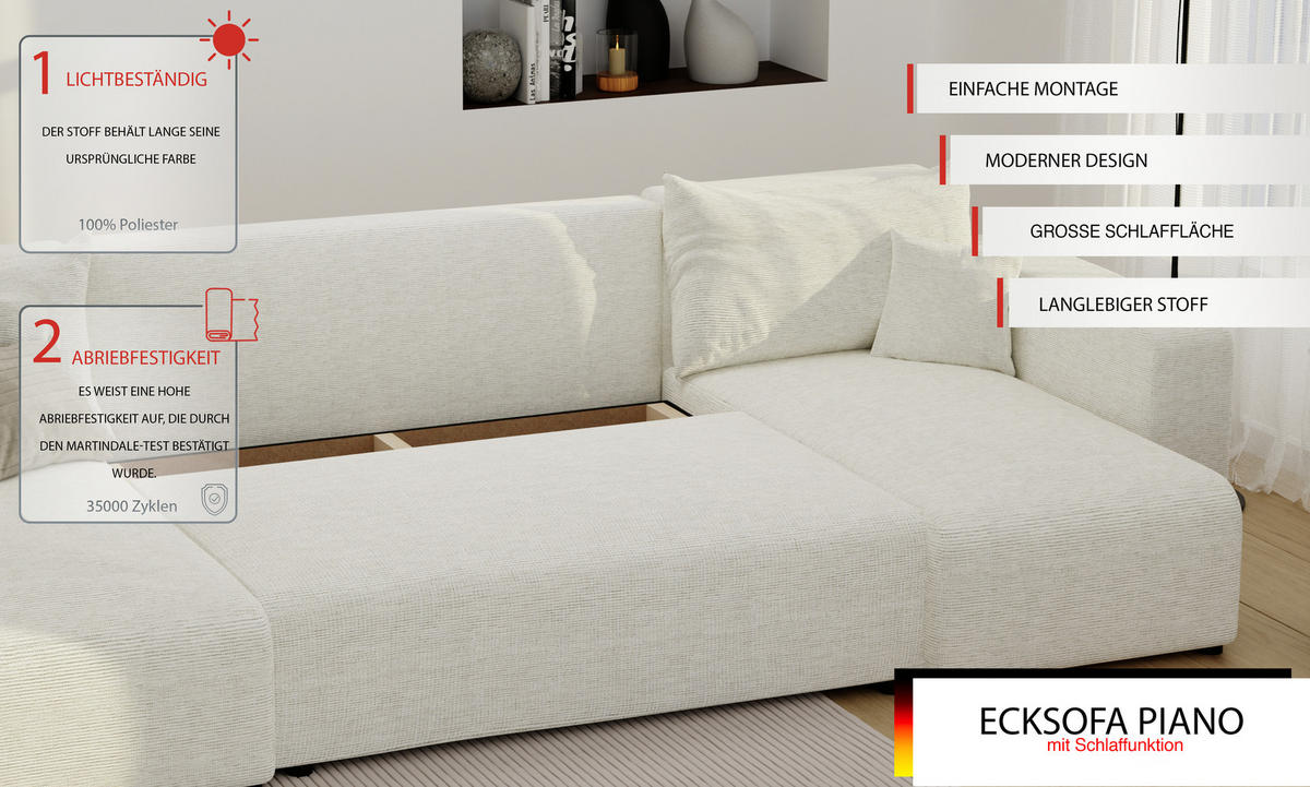 WOHNLANDSHAFT U-Form mit Schlaffunktion und Bettkasten, Beige - Beige/Creme, Holzwerkstoff/Textil (318/79/145cm) - Idohome