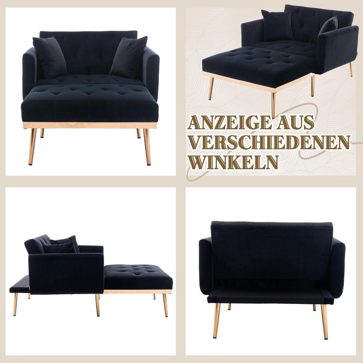 SCHLAFSOFA Zweisitzer,Relaxsessel mit Schlaffunktion,ausziehbar,Samt,Schwarz - Schwarz, Textil (90/77/165cm) - LVHOM