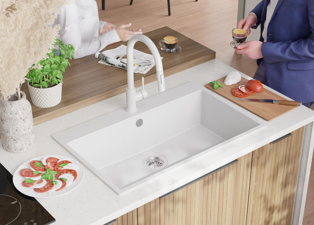 SPÜLBECKEN Riga, 2-er set Weiß 78/50 cm 1 Becken + Ablauf-Set ab 80er Unterschrank - Chromfarben/Weiß, Kunststoff (78/20/50cm) - Primagran
