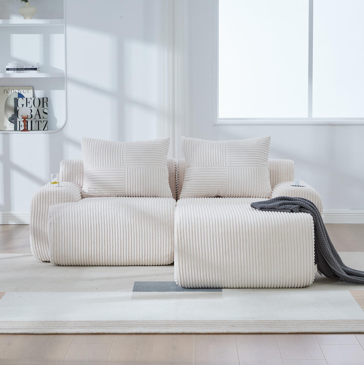 MODULARES 2-Sitzer Sofa Cord mit Getränkehalter und Seitentasche 200/174/80 cm Beige - Beige, Textil (174/200cm) - Redom