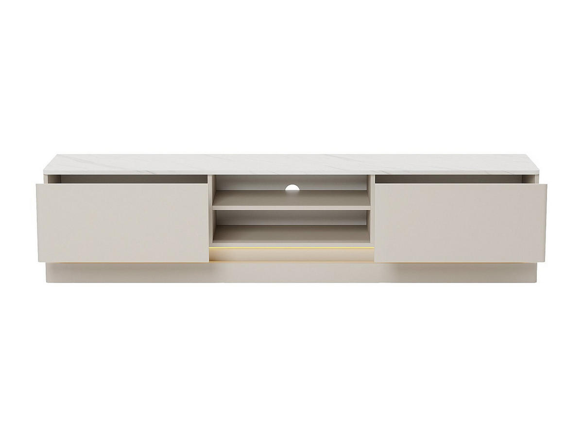 TV-MÖBEL - 2 Schubladen & 2 Ablagefächer - Mit LED-Beleuchtung - MDF - Beige & Marmor-Optik Weiß - DEVIKA - Beige, Holz (190/44/40cm) - Pascal Morabito