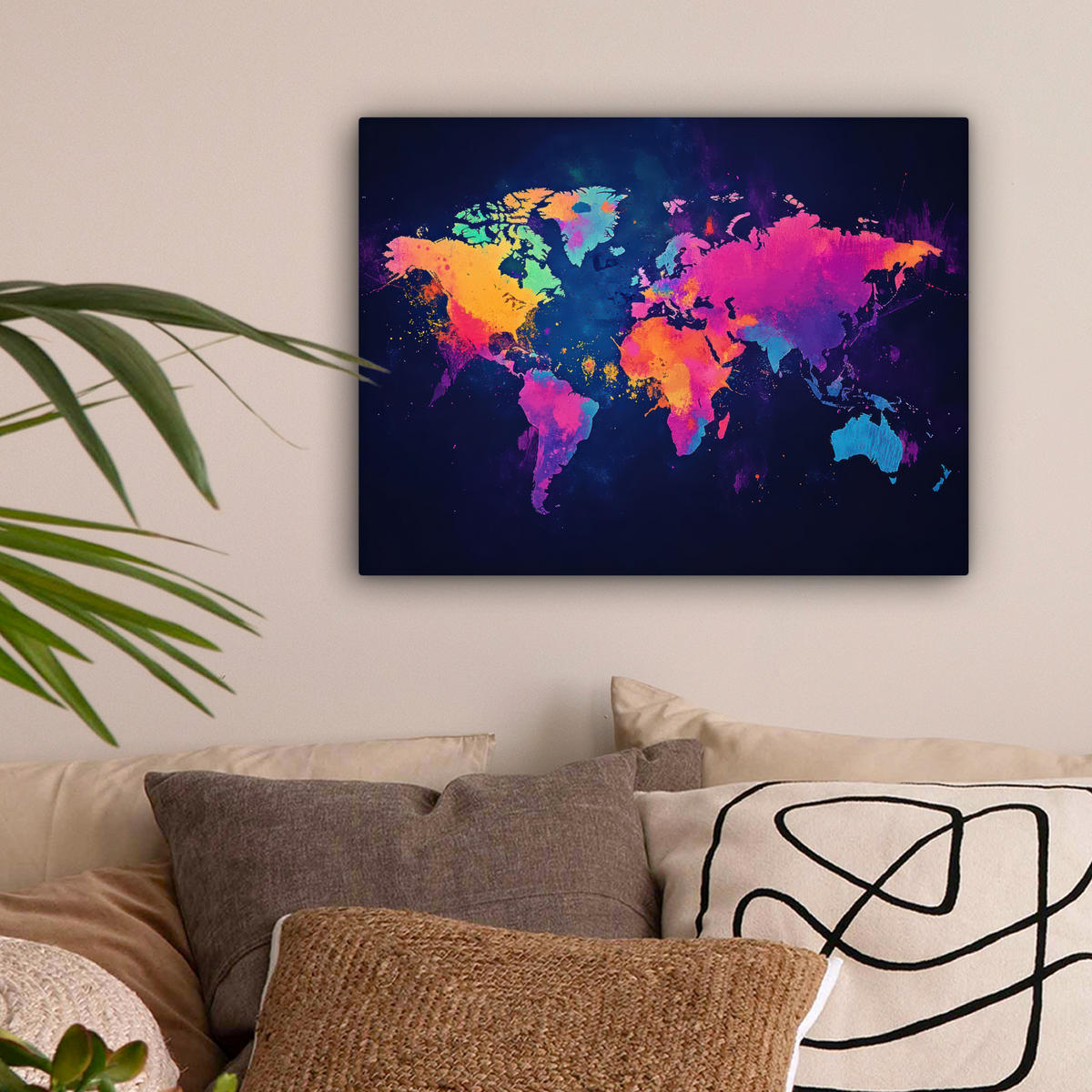 LEINWANDBILD Weltkarte - Bunt - Graffiti Wandbild 40x30 cm - Multicolor, Textil (40/30cm) - MuchoWow