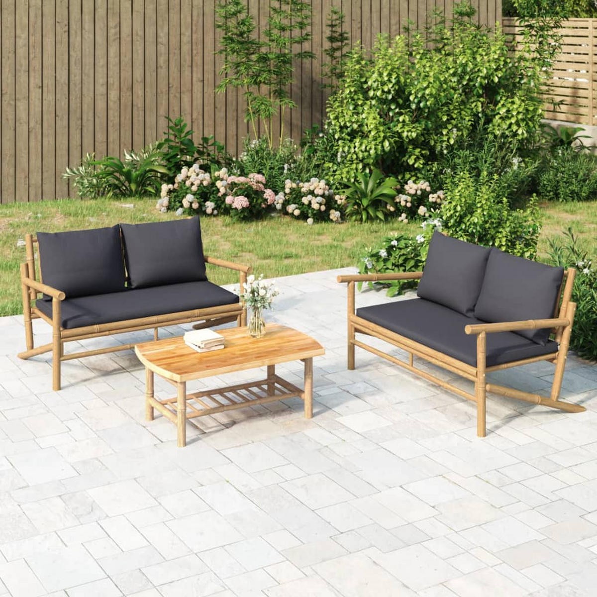 GARTENBANK Mit Dunkelgrauen Kissen Bambus - Grau, Naturmaterialien (75/74/115cm) - vidaXL