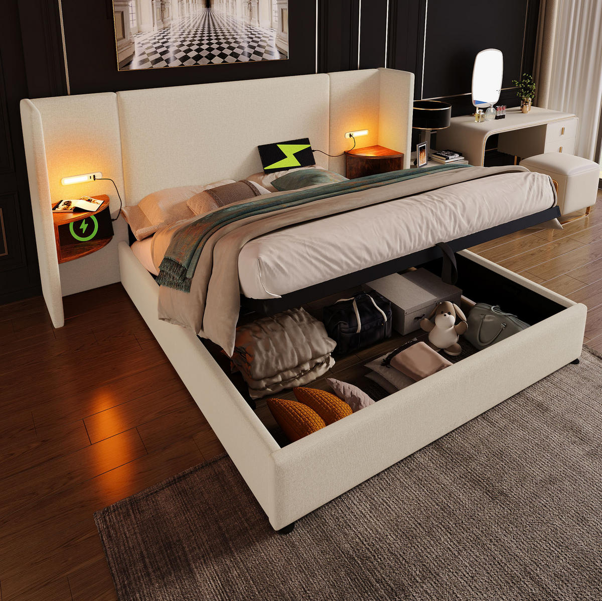 ČALÚNENÁ posteľ 213/232/104 cm béžová s úložným priestorom, USB, Type-C a lampou z ľanu - béžová, textil (160/200cm) - OKWISH