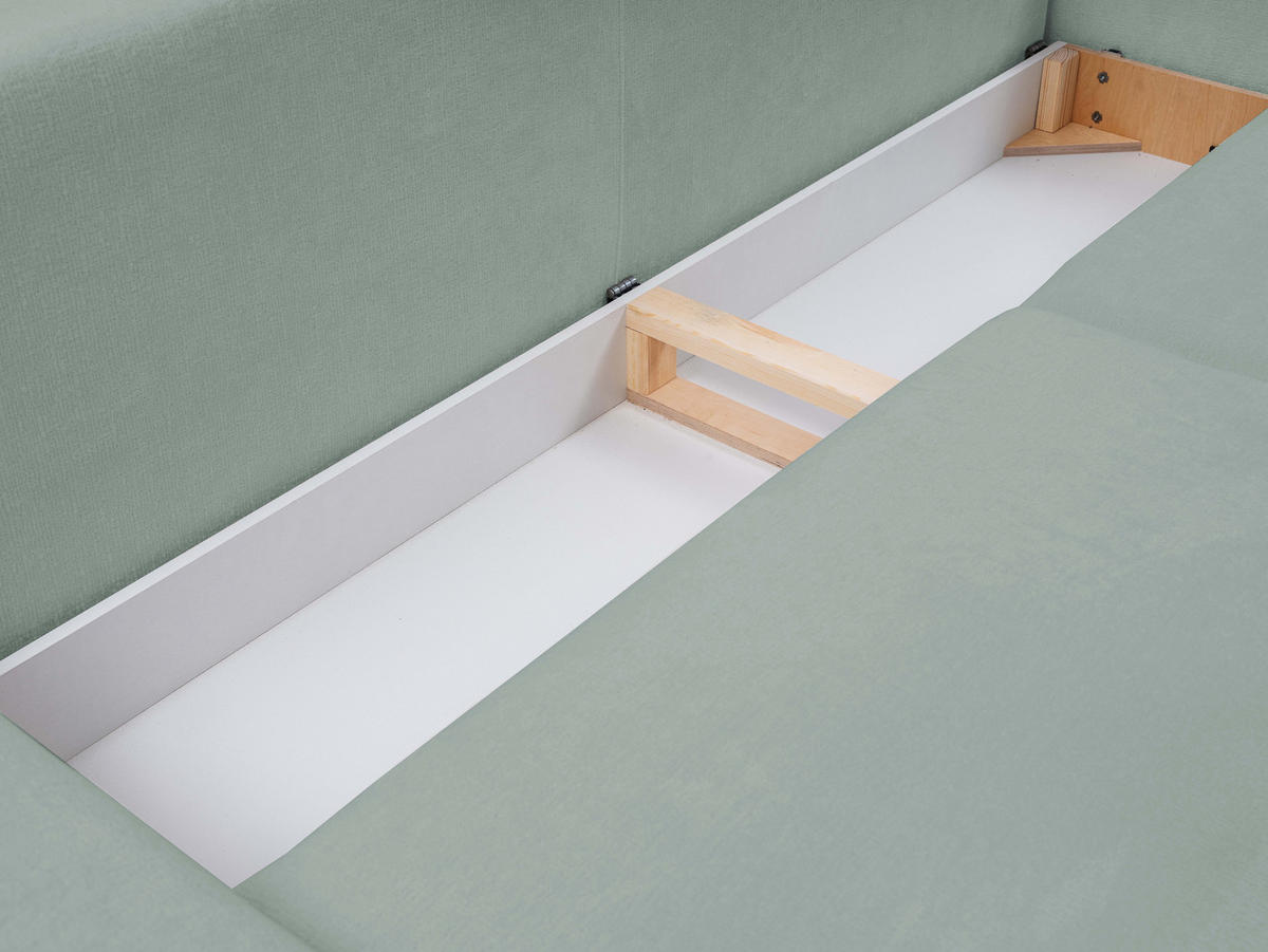 SOFA BOHO Mit Schlaffunktion Und Bettkasten, Wellenfederung, PUR-Schaum, Holzfüße, lose Rückenkissen, freistehend, 244x102x92 cm Mint green - Mintgrün, Holz/Textil (244/92/102cm) - DomoHome