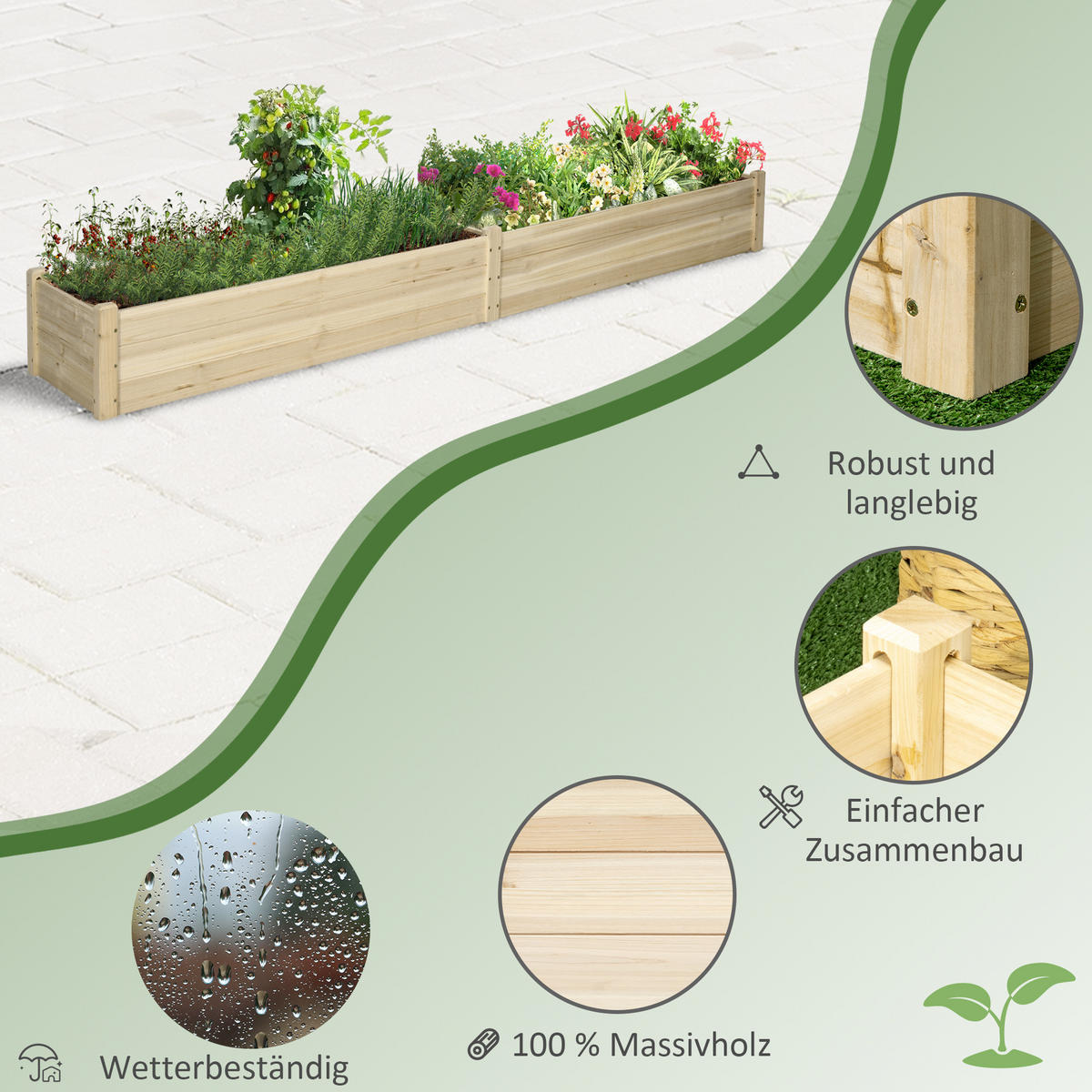 GARTENBEET, Naturfarben - Naturfarben, Holz (61.5/27/244cm) - Outsunny