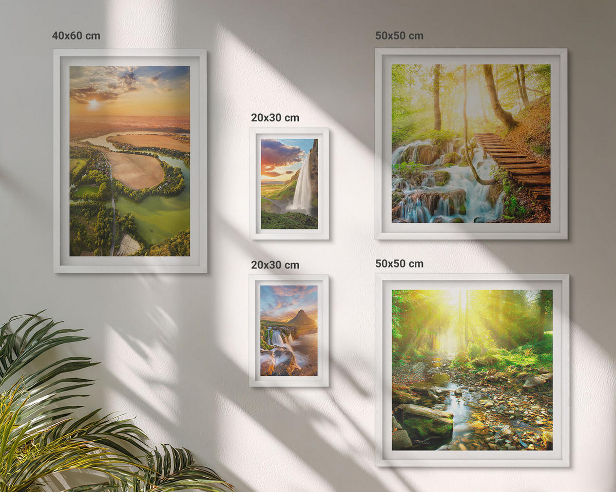 WANDBILDER 5er-Set - 50x50 cm & 20x30 cm & 40x60 cm Weißer Rahmen - Orange Mountain Wasserfall - Weiß, Kunststoff (40/60cm) - ArtPrintCave