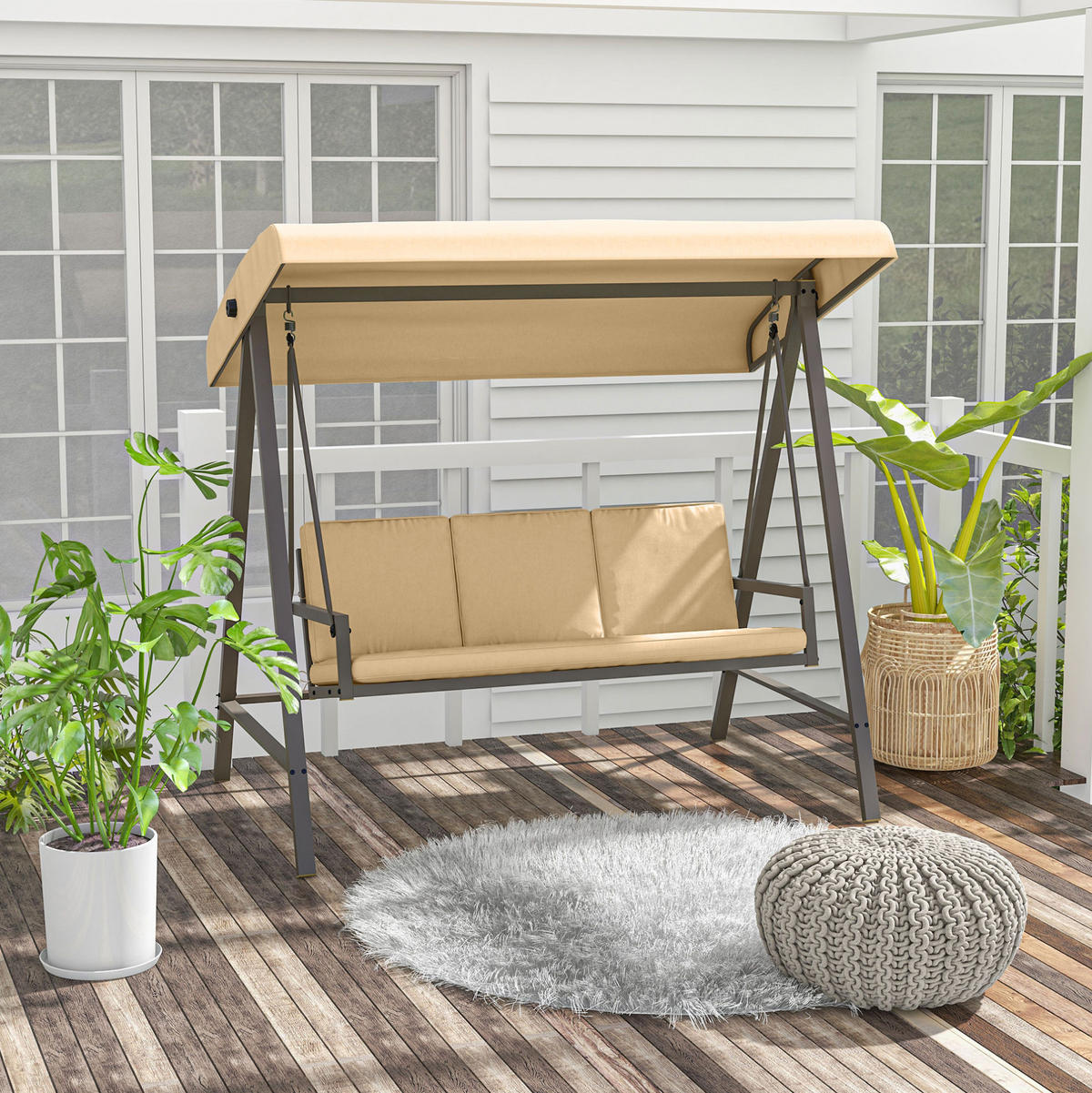 HOLLYWOODSCHAUKEL 3-Sitzer mit kippbarem Sonnendach und Polsterung, Beige - Beige, Textil (125/175/200cm) - Redom