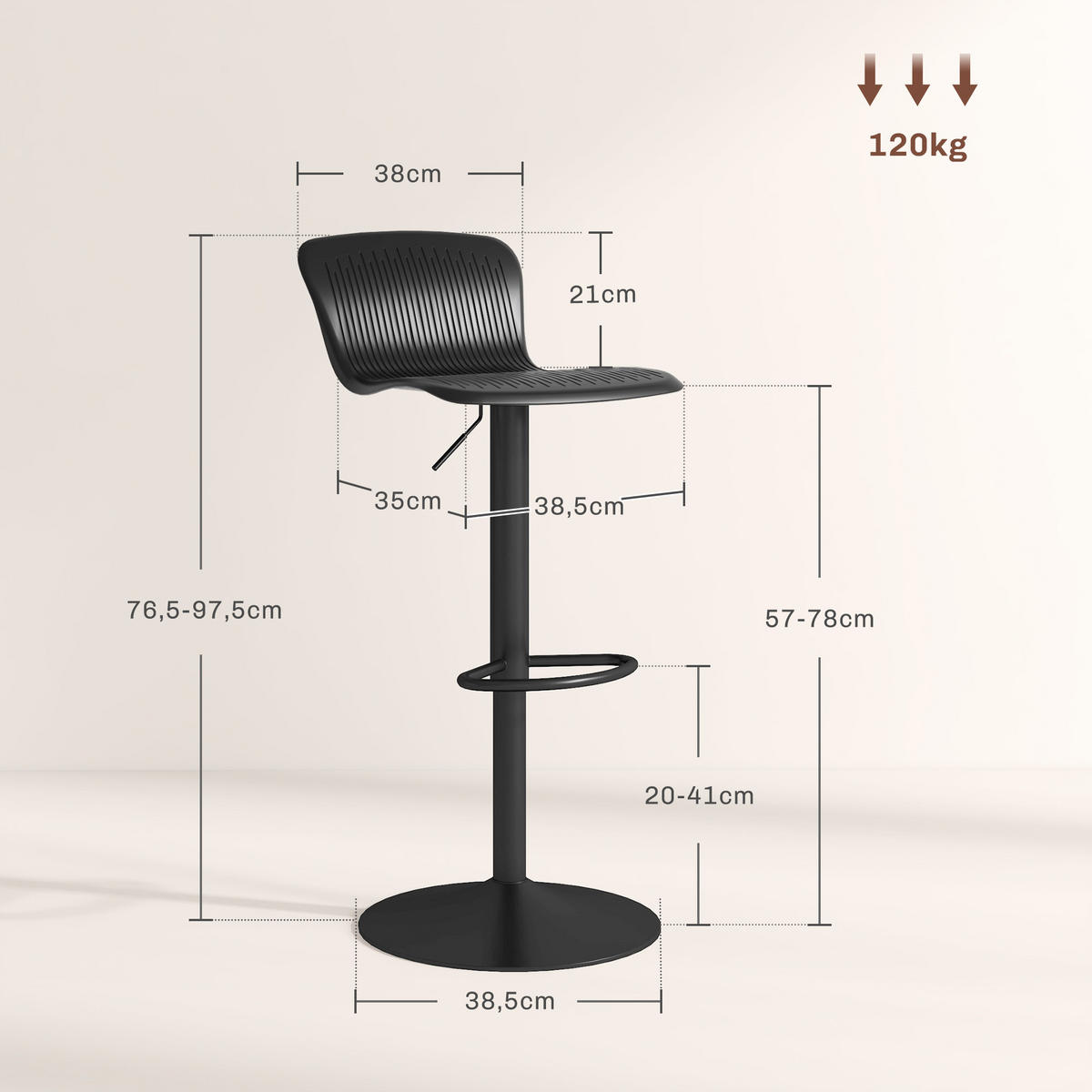 BARHOCKER 2er-Set DE-14772 höhenverstellbar mit Rückenlehne und Fußstütze Schwarz - Schwarz, Metall (38.5/97.5/40cm) - ComfortXL
